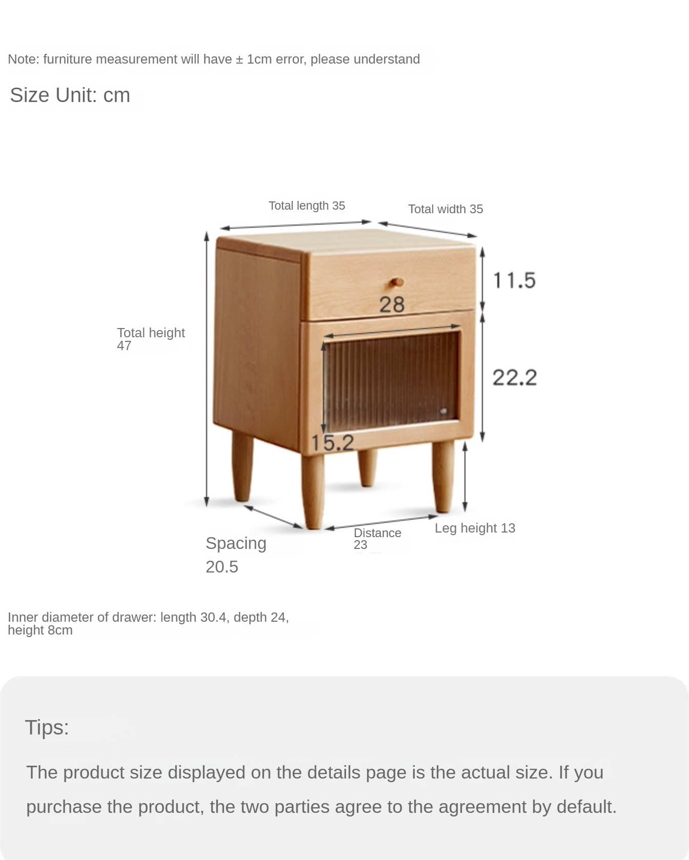 Beech solid wood night stand with light -