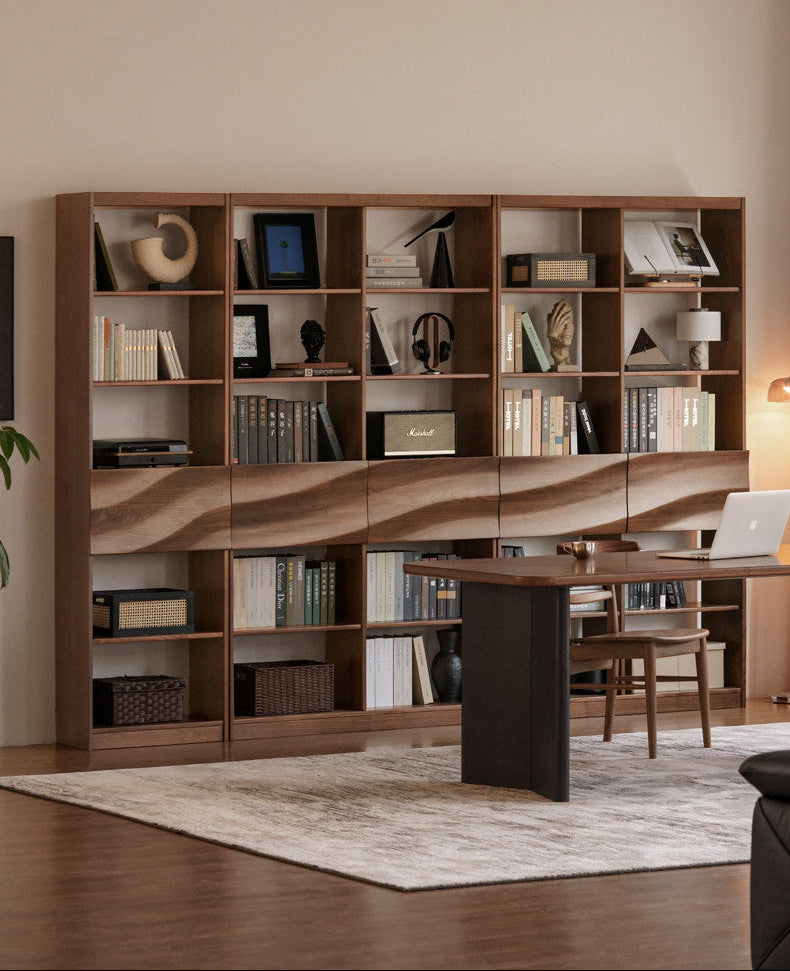 Black Walnut Solid Wood Bookshelf with Combination Storage and Display Shelves