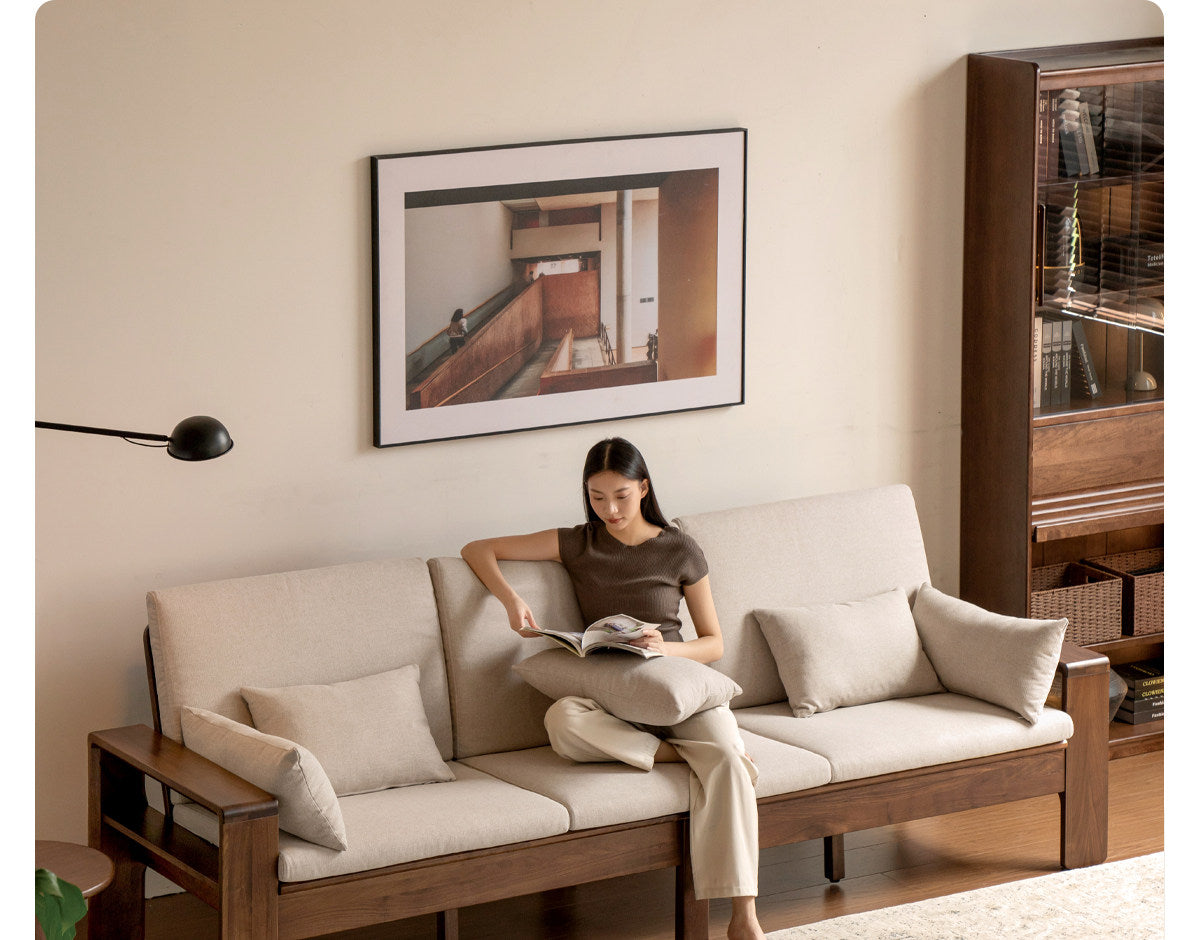 Black Walnut, Sandalwood Solid Wood Fabric Sofa with Raised Legs, Winter/Summer Use
