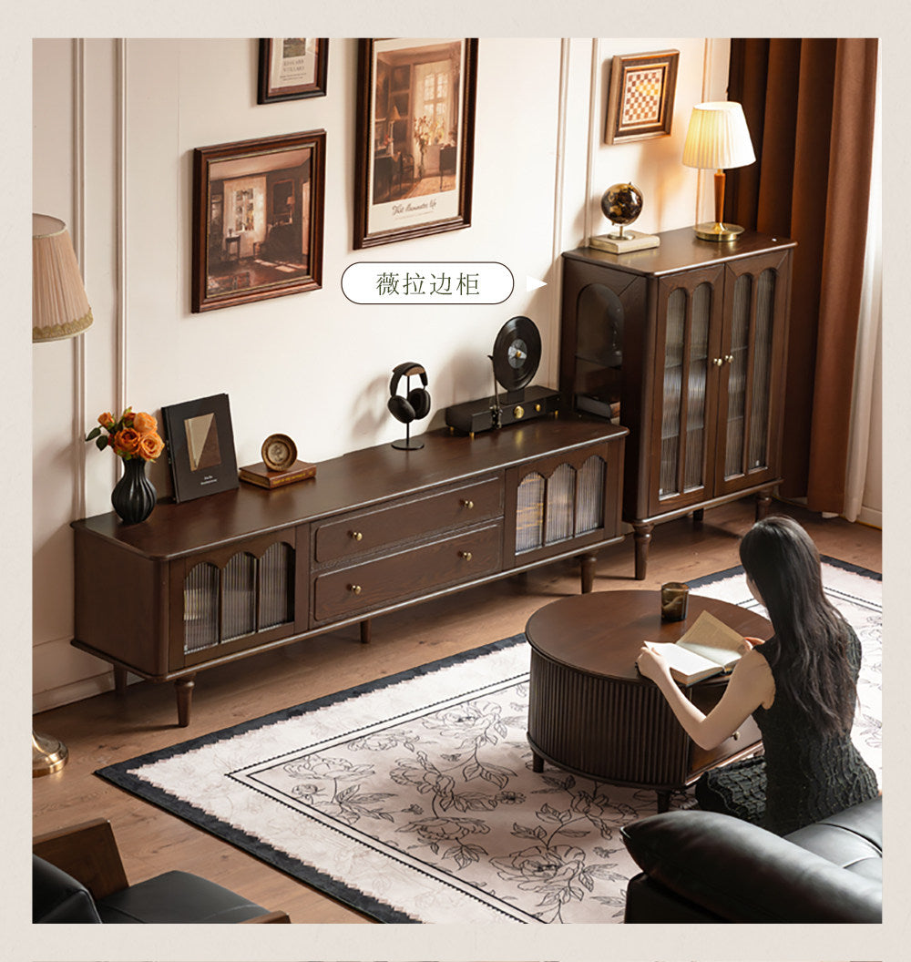 Ash Solid Wood TV Stand with American Retro Design and Tall Storage Cabinet