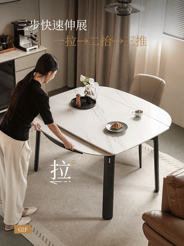 Solid RubberWood Extendable Dining Table with Marble-Look Stone Top and Rounded Corners