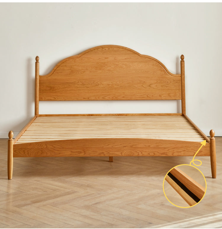 Cherry Solid Wood Bed with Arched Headboard and Turned Posts