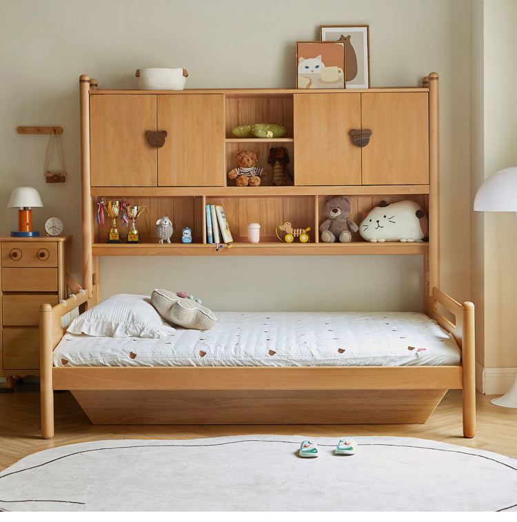 Oak Solid Wood Kids Storage Bed with Built-In Bookcase Headboard and Lift Storage