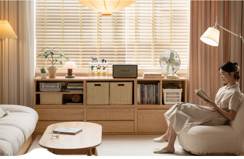 Ash Solid Wood Modern TV Cabinet with Freely Combineable Bookshelf and Storage