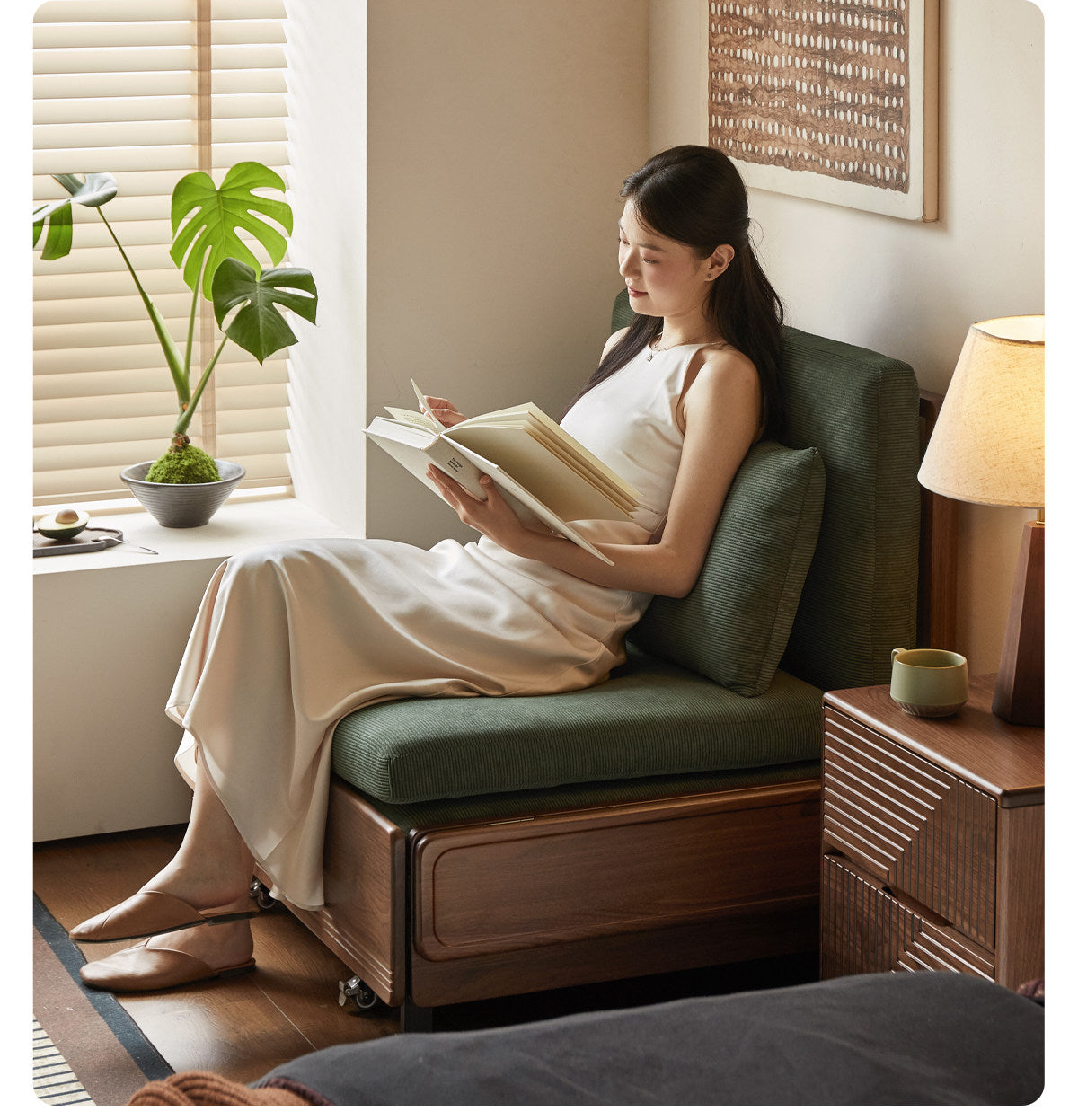 Black Walnut, Oak Solid Wood Sleeper Chair-sofa Bed with Attached Fold-Out Side Tray