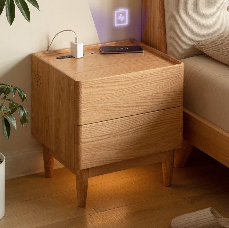 Oak solid wood smart nightstand phone charger, socket, lamp integrated -
