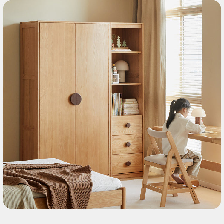 Oak Solid Wood Children's Wardrobe, Bookcase Combination"