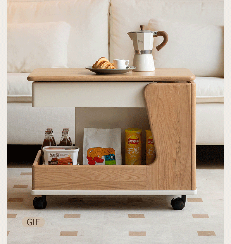 Oak Solid Wood Liftable Rotating Mobile Side Table
