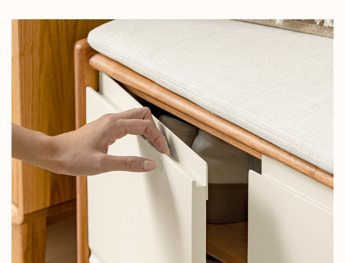 Solid RubberWood Shoe Storage Bench with Doors and Cushioned Top