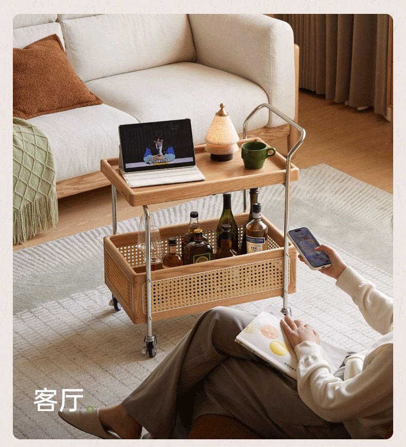 Oak Solid Wood Side Table with Double Layer Storage and Rattan Accents, Mobile