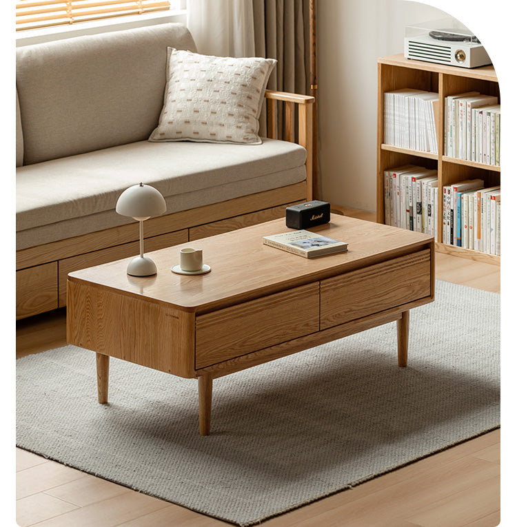 Oak solid wood glass sliding door coffee table,