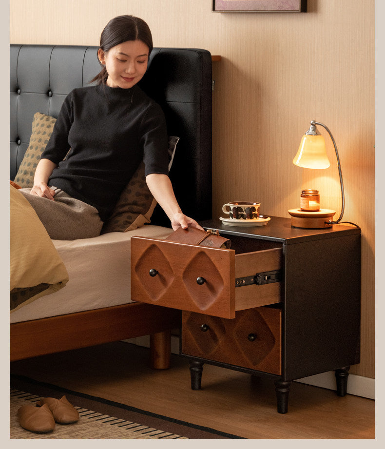 Solid RubberWood Nightstand Mid Century Two-Drawer Storage Cabinet