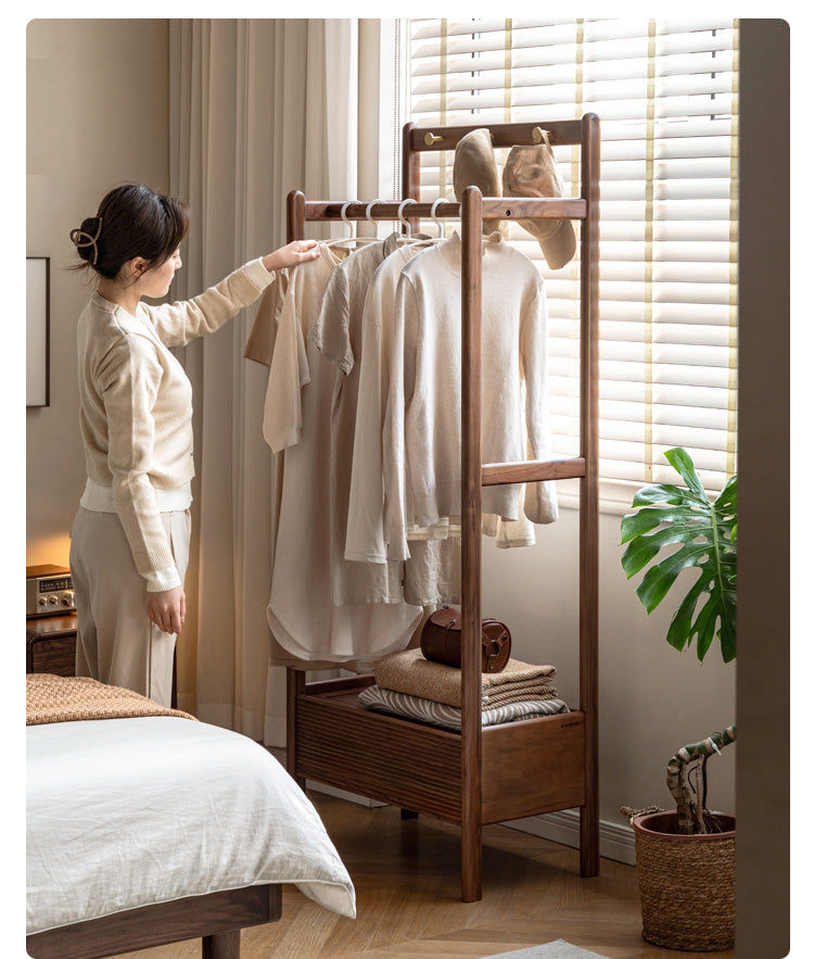 Black Walnut, Oak Solid Wood Floor to Floor Clothes Storage Rack<