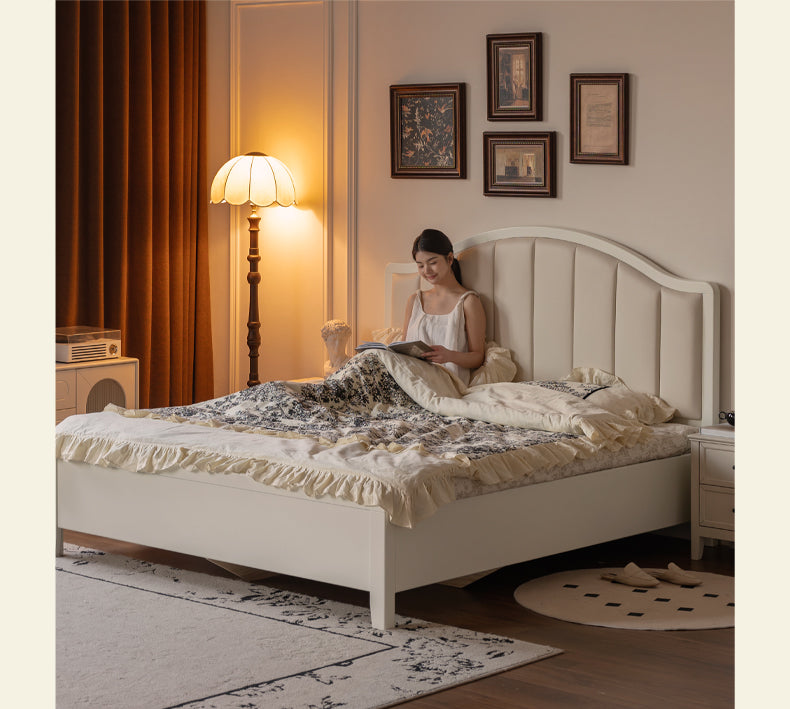 Rubber Solid Wood Arched Channel-Tufted Upholstered Storage Bed, Cream