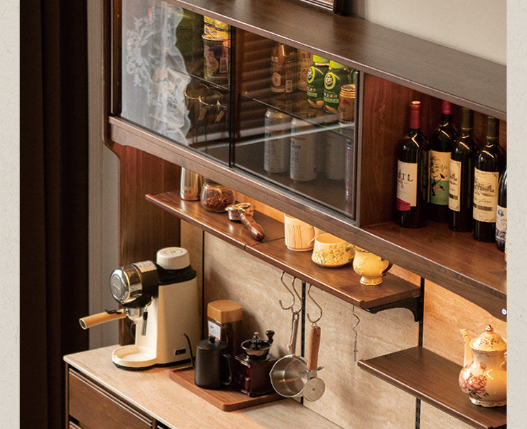 Black Walnut Solid Wood Buffet Cabinet with Retro Style and Rock Board Surface