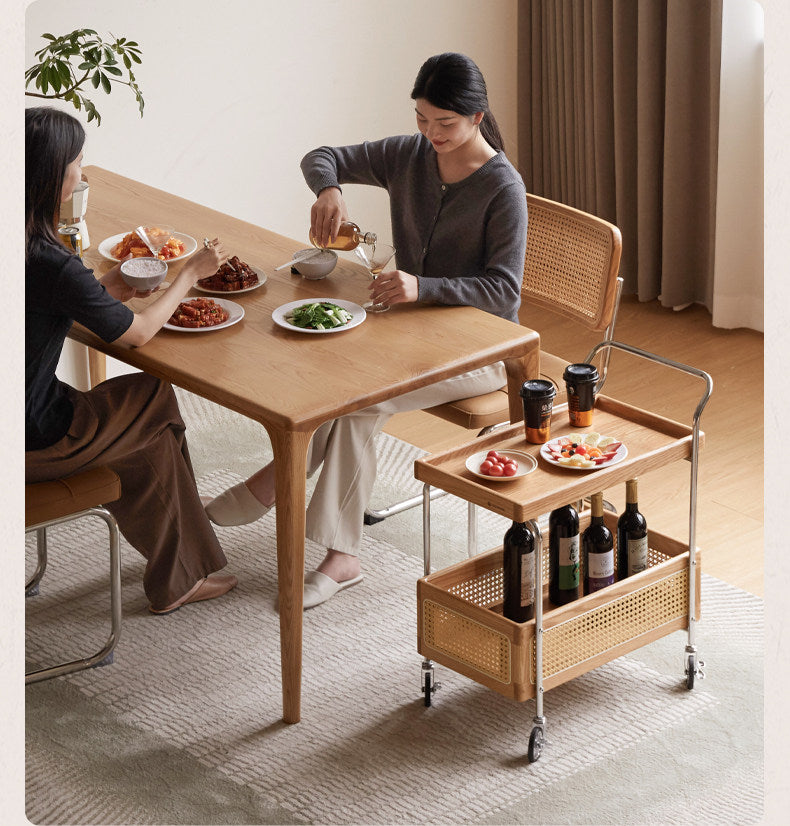 Oak Solid Wood Side Table with Double Layer Storage and Rattan Accents, Mobile