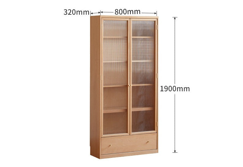 European Beech solid wood bookshelf, glass door storage display cabinet"