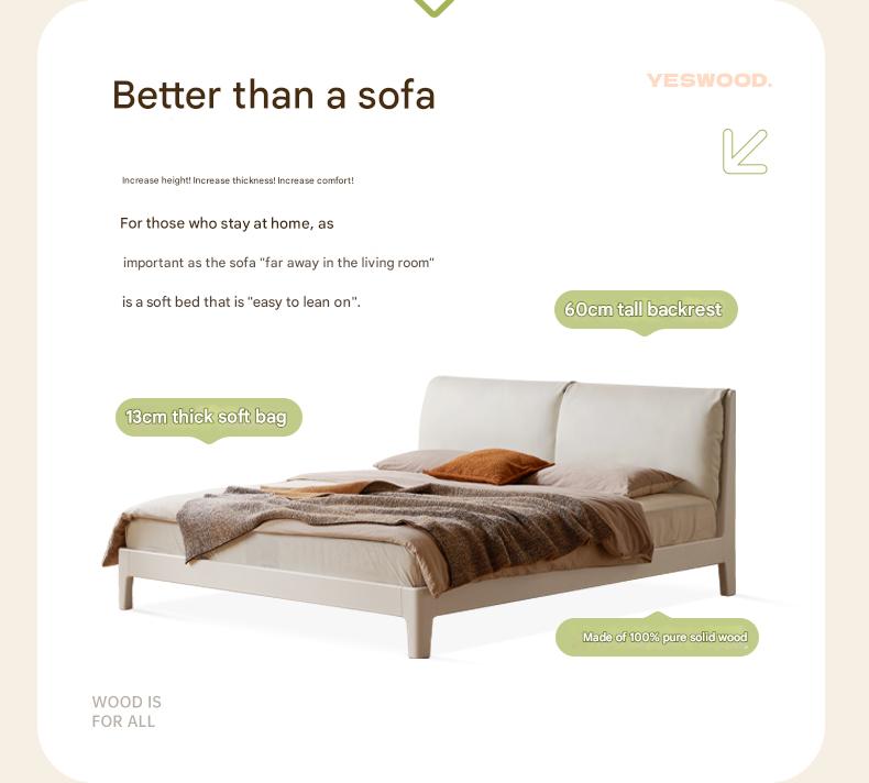 Rubberwood Solid Wood Upholstered Platform Bed with Cushioned Headboard, White