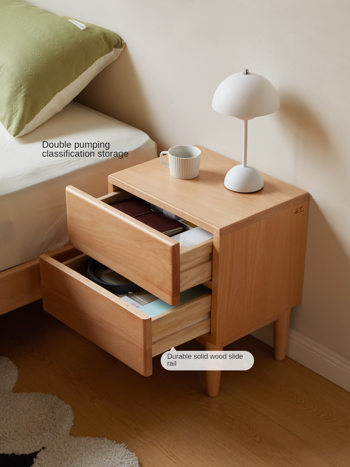 Beech solid wood bedside table and elevated storage rack, bedside bookshelf"