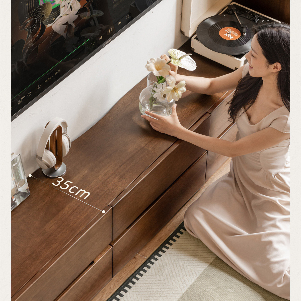 Solid Longan Hardwood Floating Media Console with Push-Open Drawers