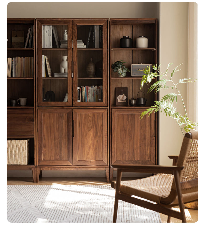 North American black walnut, Ash solid wood combination cdust-proof glass door wall floor-to-ceiling bookshelf<