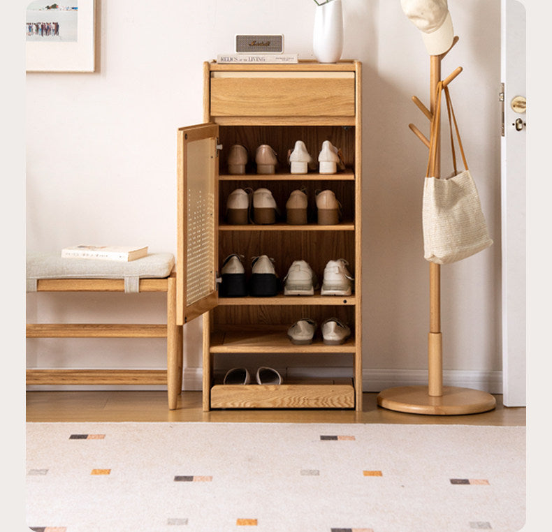 Oak Solid Wood Narrow Shoe Storage Cabinet with Pull-Out Drawer