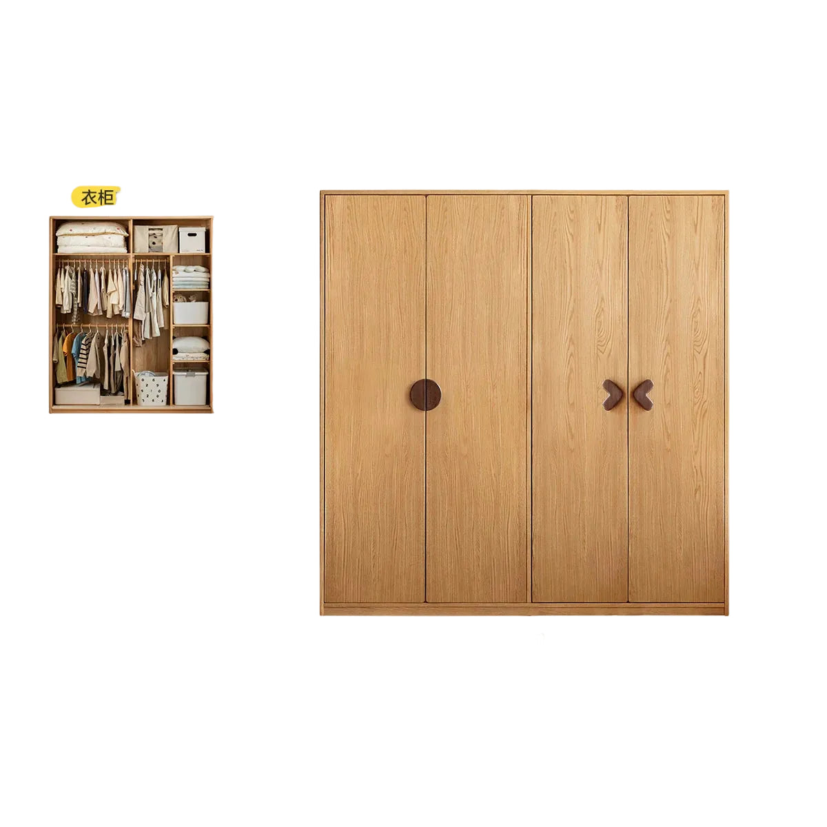Oak Solid Wood Kids Wardrobe Armoire with Open Shelf and Drawer Combo