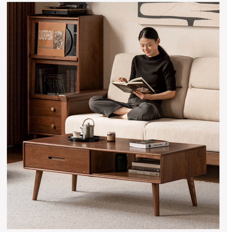 Oak, Solid Rubberwood Two-Drawer Coffee Table Walnut Color