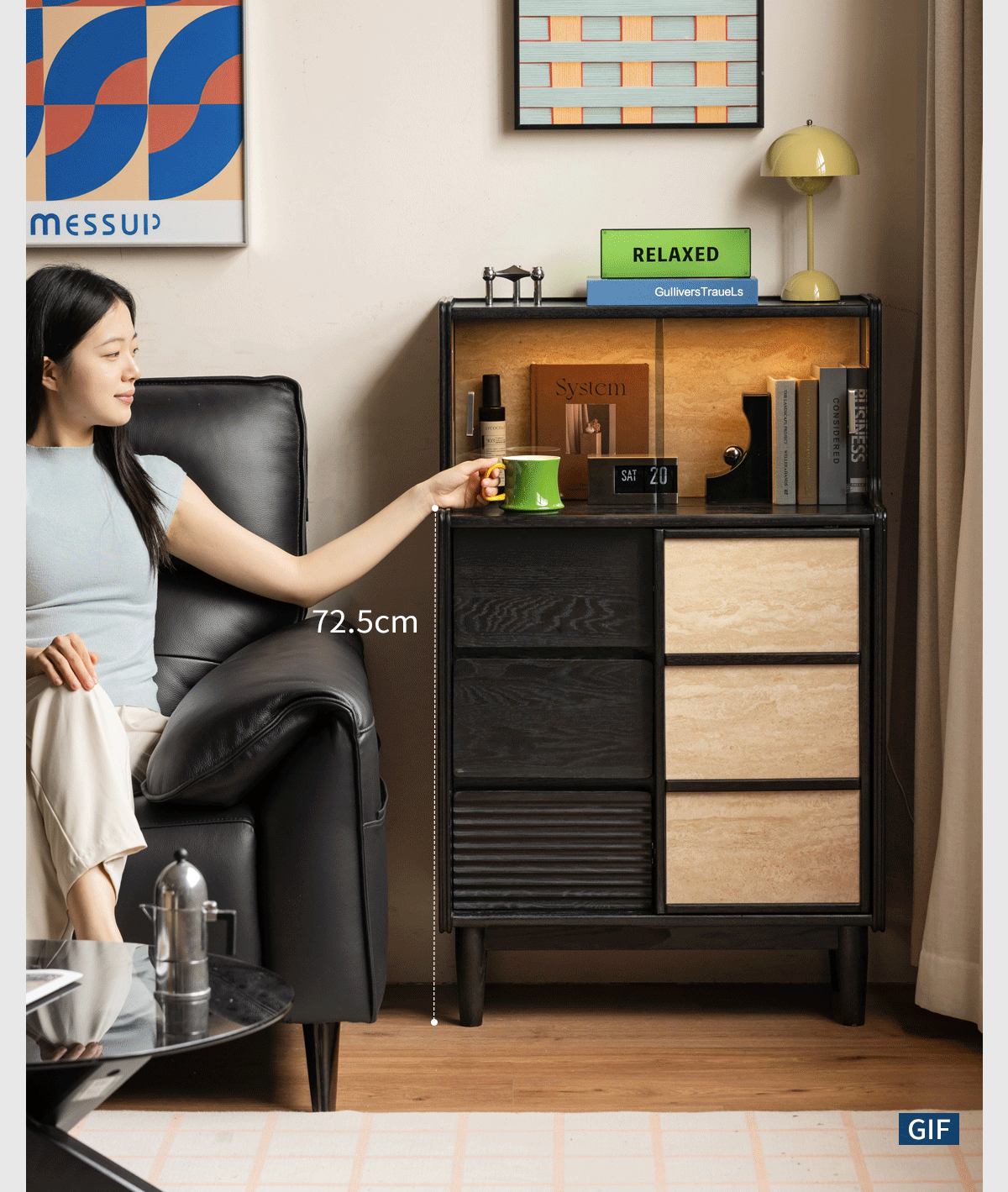 Oak Solid Wood Bauhaus Style Bar Cabinet with Sliding Doors