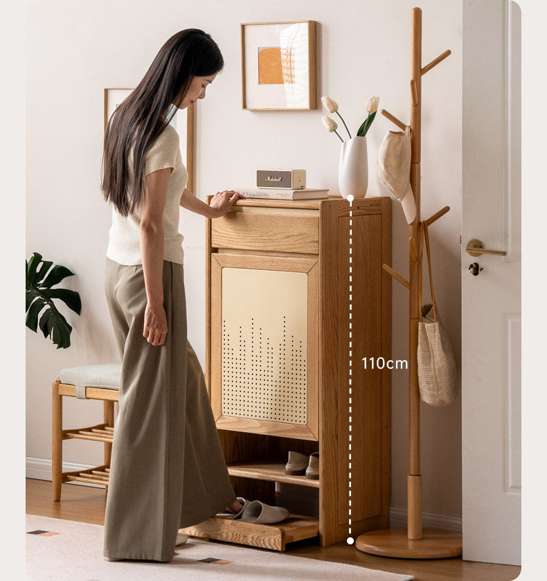 Oak Solid Wood Narrow Shoe Storage Cabinet with Pull-Out Drawer