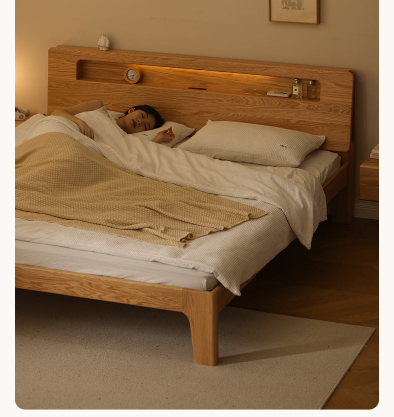 Oak, Beech solid wood bed with light and bookshelf