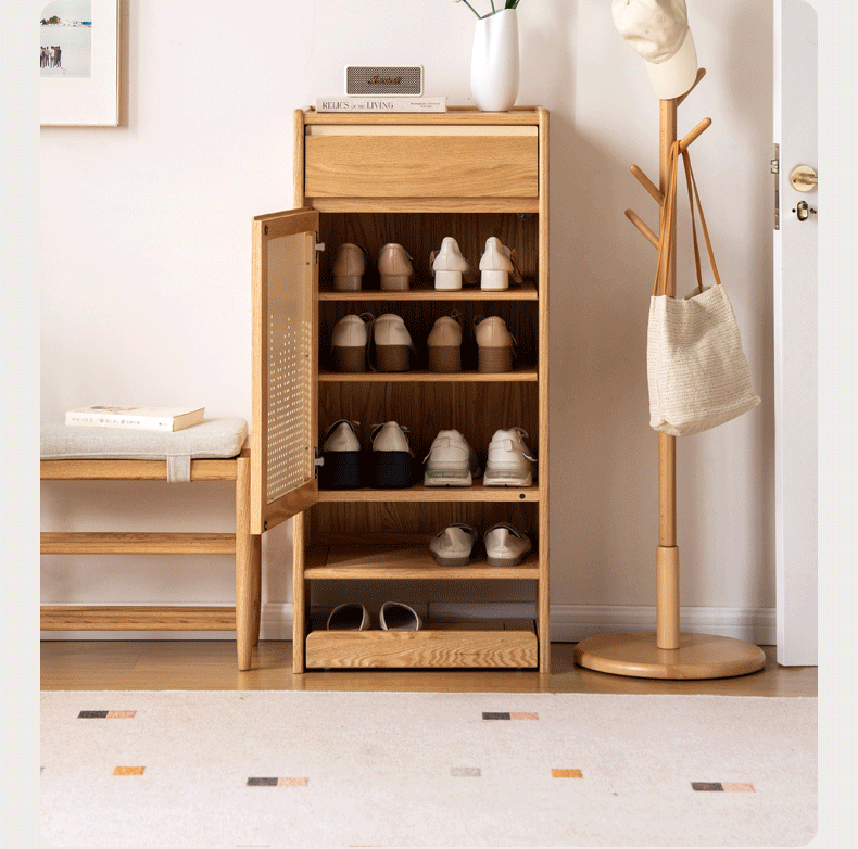 Oak Solid Wood Narrow Shoe Storage Cabinet with Pull-Out Drawer
