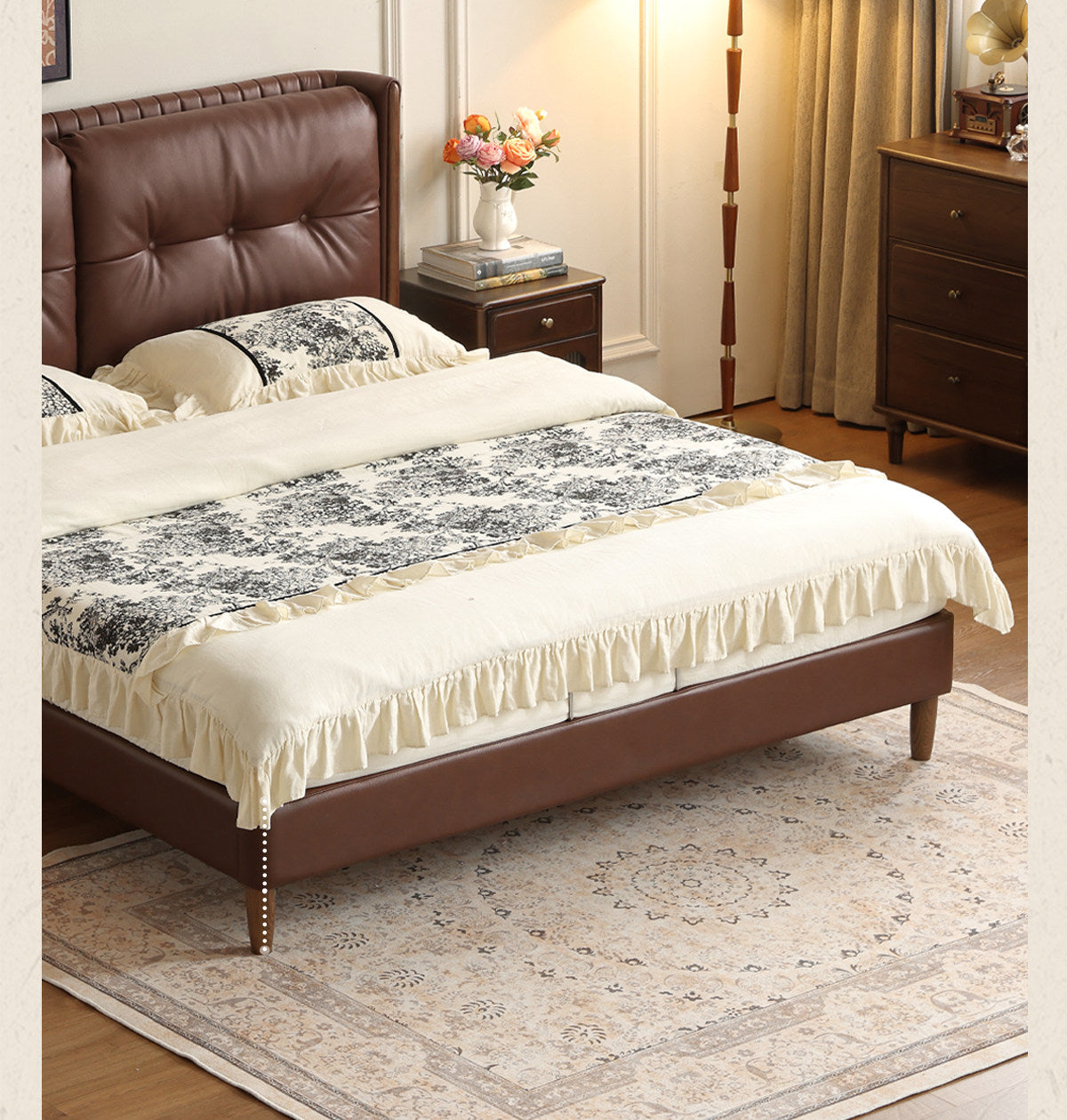 Ash solid wood Genuine Leather Tufted Wingback Bed with Extra Tall Headboard