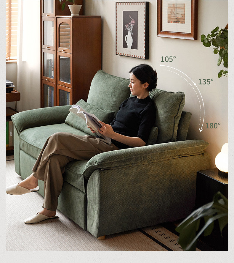 Corduroy Loveseat Sofa with Pull-Out Chaise and Adjustable Backrest