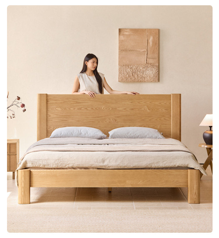 White Ash Solid Wood Platform Bed with Tall Flat Panel Headboard