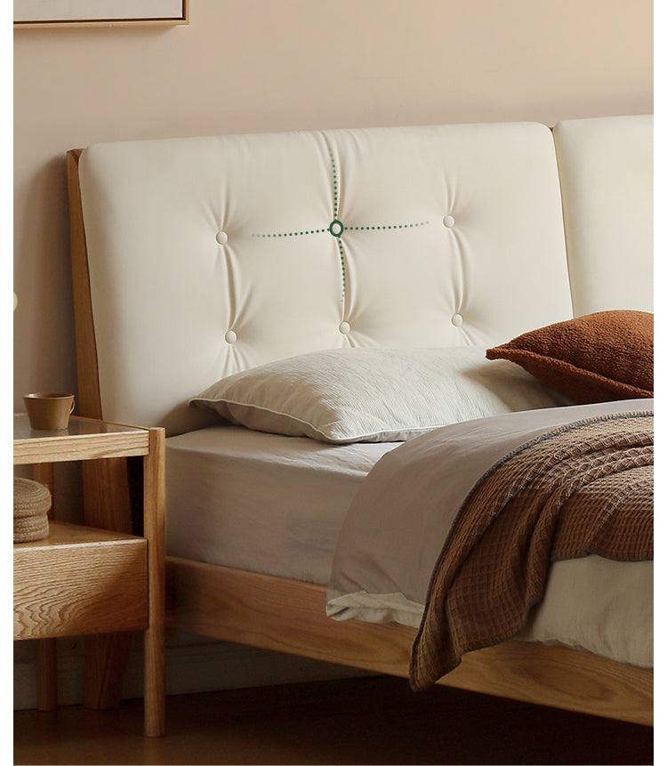 Oak solid wood leather soft bed cream style<