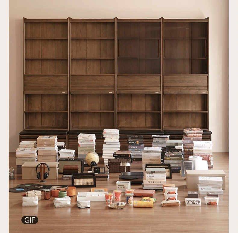 Black Walnut Solid Wood Integrated Wall Bookcase with Floor Display