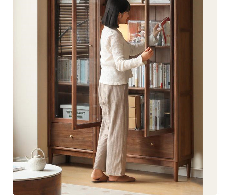 Black Walnut solid wood bookcase with glass door<