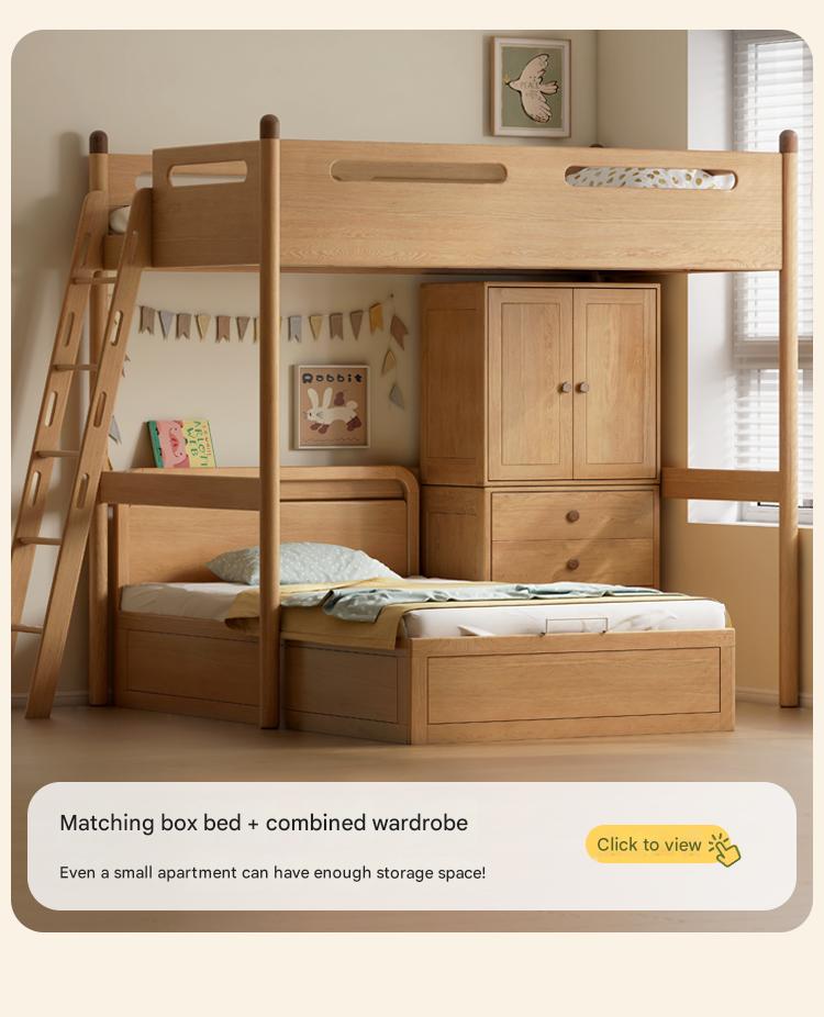 Oak solid wood Loft bed with cabinet