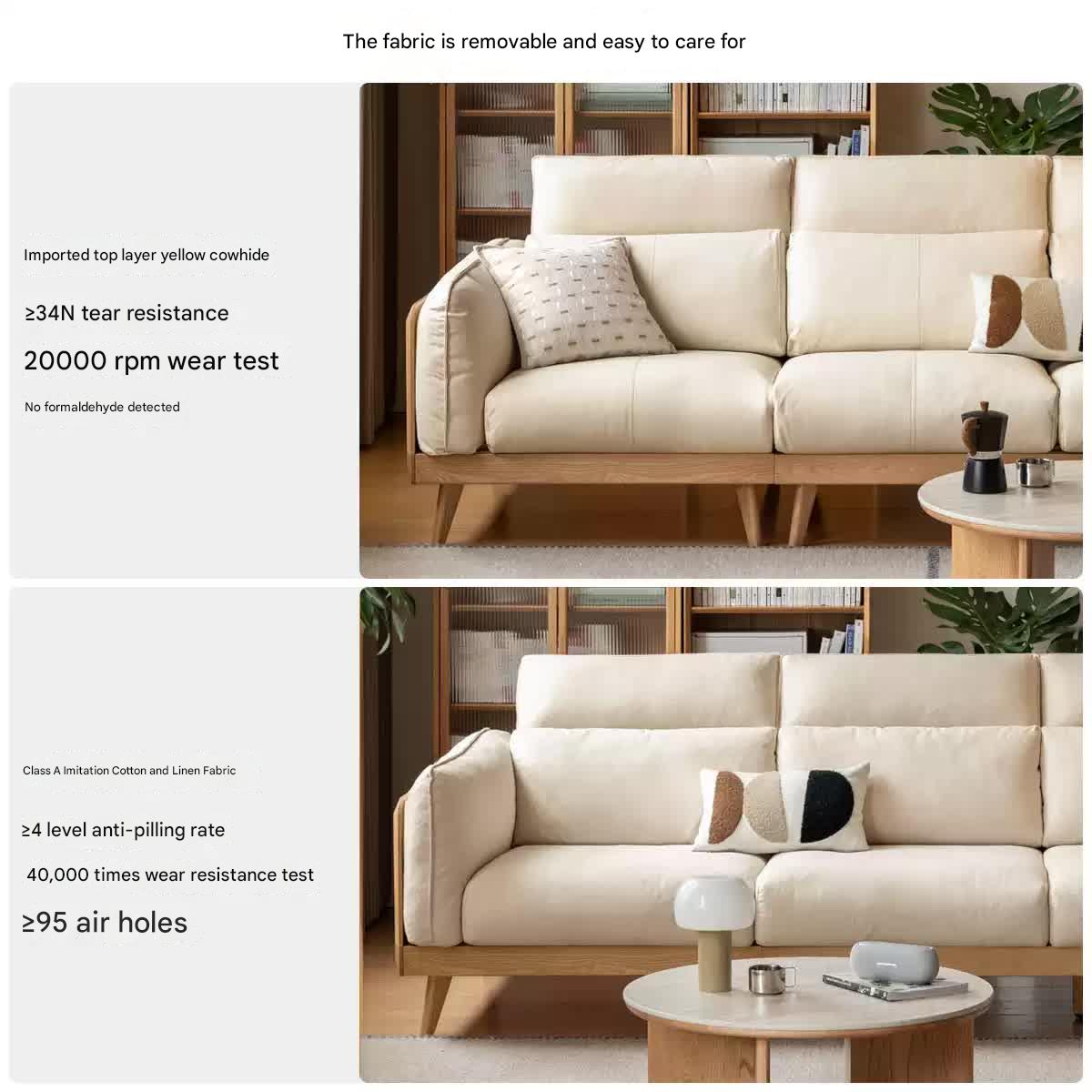 Ash Solid Wood high back Sofa genuine leather, fabric