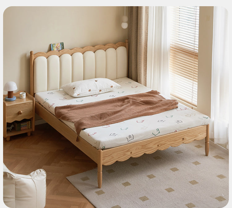 Milky white kids upholstered bed with soft headboard Oak solid wood"