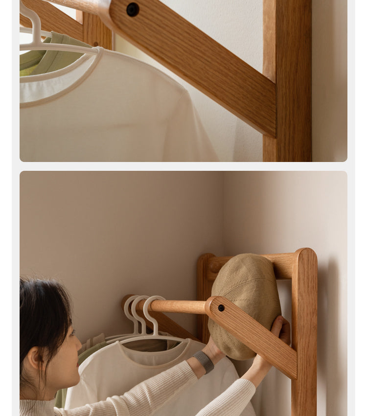 Oak, Birch Solid Wood Nordic Floor Storage Clothes Rack<