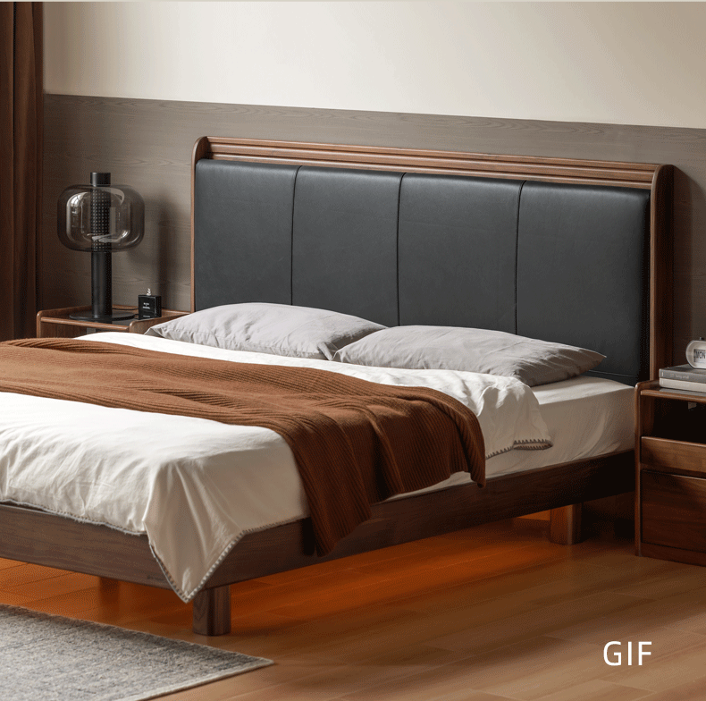 Black Walnut Solid Wood  Luxury Leather with Light Bed