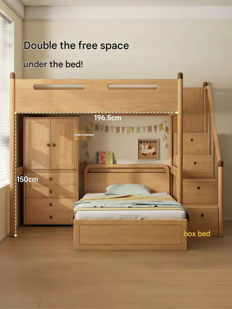 Oak solid wood Loft bed with cabinet