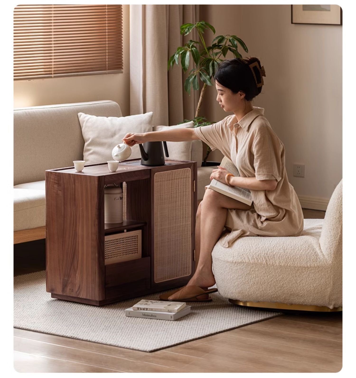 Black Walnut, Oak, Ash Solid Wood Mobile Tea Cabinet