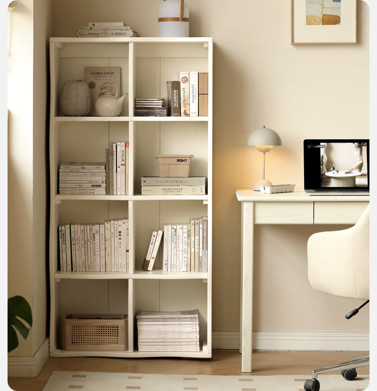 Oak Solid Wood Bookcase,Cream White Floor to Floor Standing Cabinet