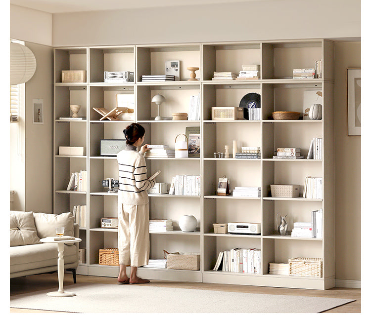 Oak solid wood bookshelf storage rack cream style full wall cabinet