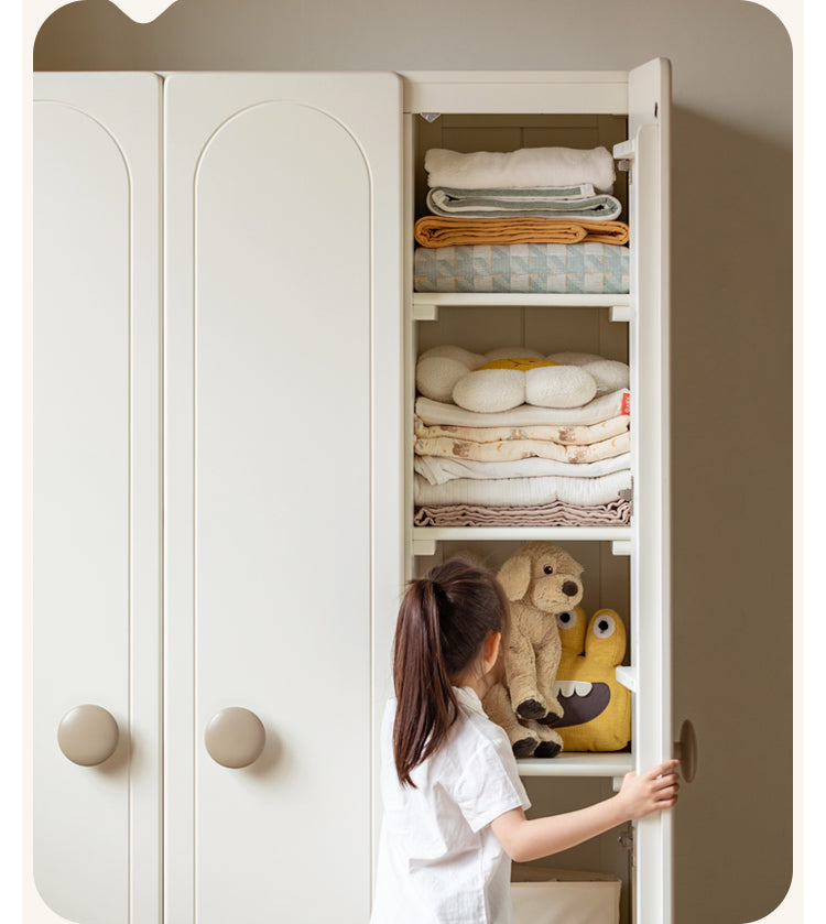 Pine Solid Wood White Cream Children's Wardrobe