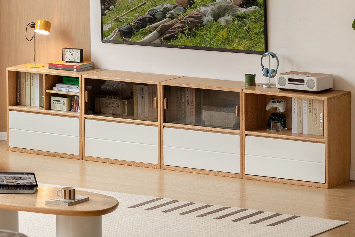 Oak Solid Wood Modular TV Cabinet System with Two-Tone Sliding Doors