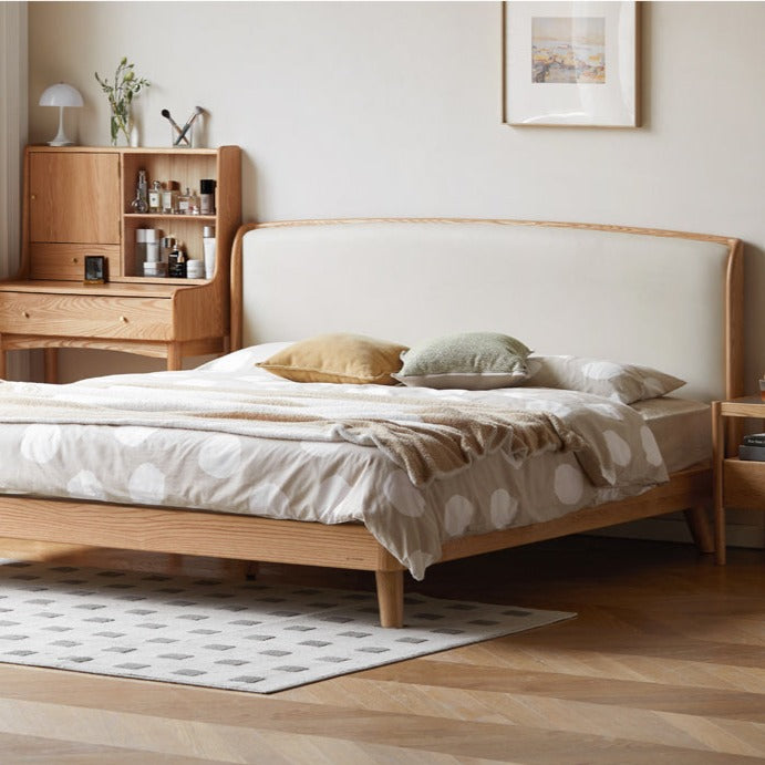 Genuine leather, Tech fabric Oak solid Wood Bed"